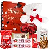 VALENTINE DAY GIFT Basket Set | Teddy Bear Plush (Red or White), Hershey Kisses (Red or Pink) Chocolate, Pirouline ( Dark Or Hazelnut) Chocolate Wafers , Heart-Shaped Elmer Chocolate, Godiva Caramel Milk Candies, Creme Savers Rolls, Kit Kat Candy Bar, & V-Day Gift Bag For Her Wife Girlfriend or Anyone