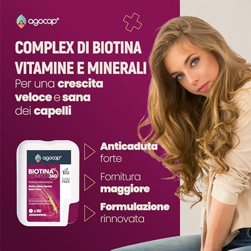 BIOTINA - COMPLEX 360 Mini Compresse (1 anno). Integratori per capelli con Biotina, Selenio e Zinco. Biotina capelli, unghie e pelle. Crescita capelli azione anticaduta capelli donna uomo. Agocap - 2