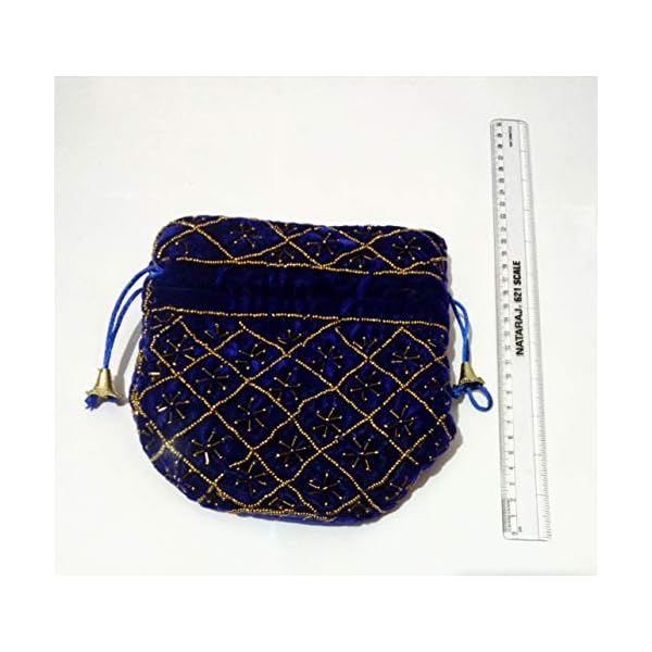 athizay Velvet Potli Bag with Drawstring Closure Having Golden Work with Moti Beaded Handle - Image 4
