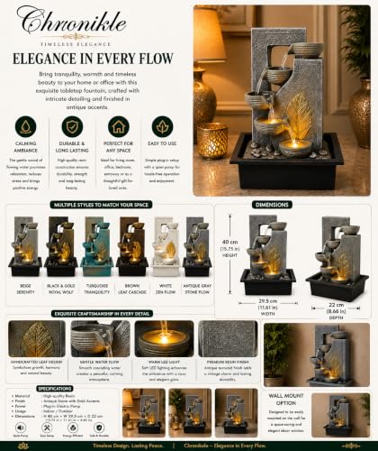 Image of CHRONIKLE Indoor Tabletop Water Fountain with Warm LED Light & Controller Pump|Golden Leaf Designer 4 Diya Step Cascade Polyresin Waterfall Fountain for Home, Meditation Decor | Silver | 40x29.5x22 CM