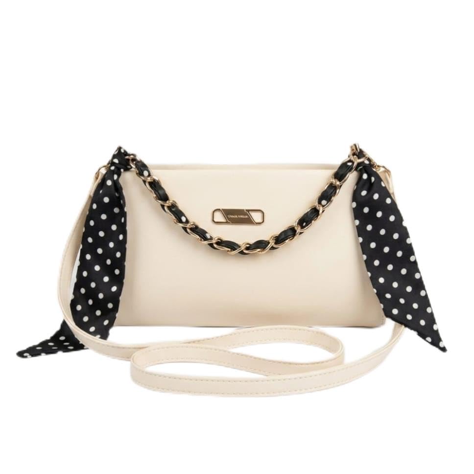 Cream Crossbody Bag with Polka Dot Scarf Chain Handle, Gold-Tone Hardware, 26x15x9cm-picture-35