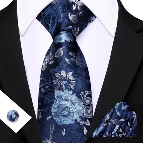 Image of Barry.Wang Flower Ties for Men Silk Woven Floral Tie Sets Necktie Handkerchief Cufflinks Wedding Party