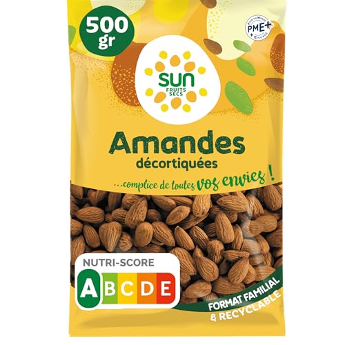 SUN - Amandes Décortiquées 500 g - 100% Naturelles non Grillées non Salées - Idéales en Snacking, Apéro ou Cuisine - Gourmandes, Savoureuses & Croquantes