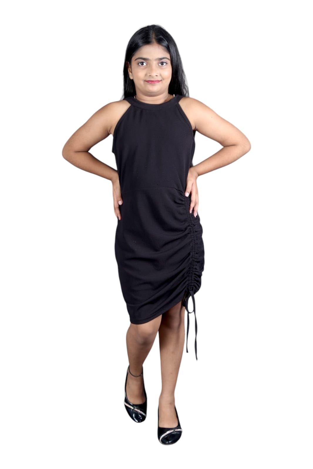 buy Women's Black Sleeveless Dress With Ruched Detailing And Side Tie Strap-picture-37