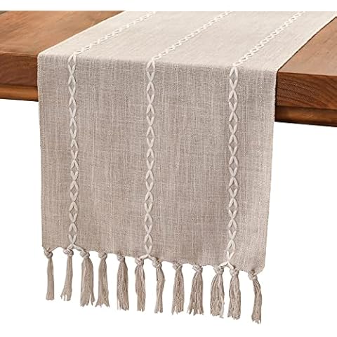 Wracra Cotton Linen Table Runner Farmhouse Style Coffee Table Runner 180cm with Hand-tassels for Party, Dining Room Decorations Dessert Table Decor(Light Coffee, 180cm) Cover