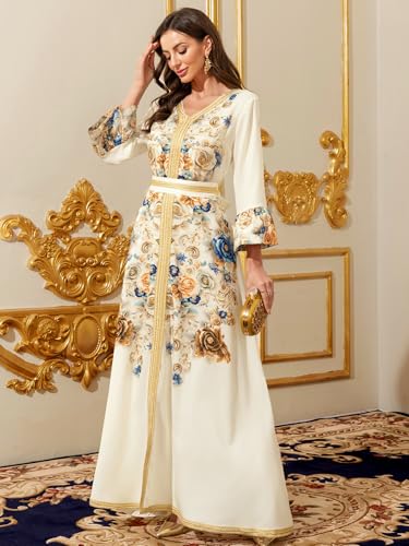 Image of Middle Eastern Modest Maxi Dress - Muslim Moroccan Kaftan Abaya for Women Gold Embroidered Eid Dress Islamic Traditional Wear