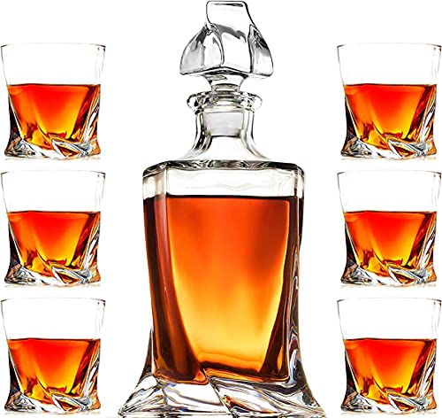 Image of Whiskey Decanter & Glasses Set, Large Lead-Free Crystal Glass, Tasting Cups Scotch Old Fashioned Glass, Wine Bottle for Drinking Irish Whisky, Bourbon, Tequila (Twist, 1 Decanter & 6 Glasses Set)