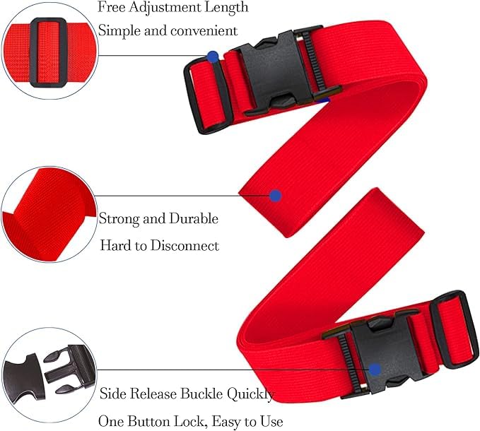 Image of Luggage Straps: Secure Your Belongings, Made Seat Belt Material Size 2 inch X6.5FT Color + 1 ADD A Baggage Belt(1 inchX20 inch Black) (RED, 4 Pack)