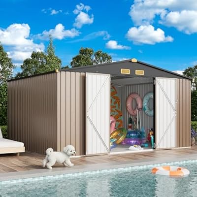 IRONCK 10x12FT Outdoor Storage Shed, Metal Garden Tool Shed with Breathable Vent and Lockable Doors, Outside Storage for Backyard, Poolside, Patio, Brown