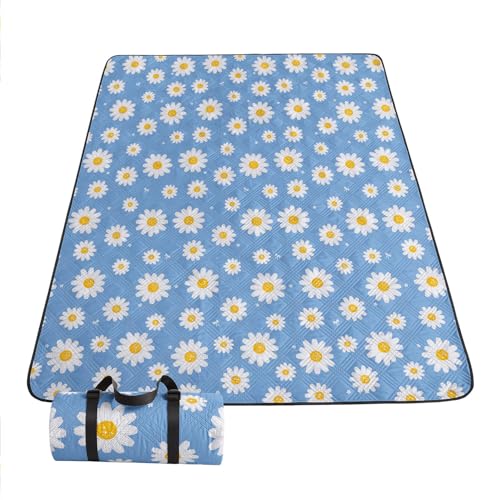 Smell Sunshine Outdoor Picnic Blanket Portable Ultrasonic Waterproof Picnic Blue Daisy Flower Printed Camping Beach Mat for Sand and Wet Grass Hiking (Blue Daisy S