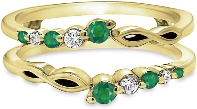 Green Emerald & White Diamond Swirl Enhancer Guard For Women, 14k Gold Plated Silver May Birthstone Emerald Wrap Ring, Enhancer Ring Guard