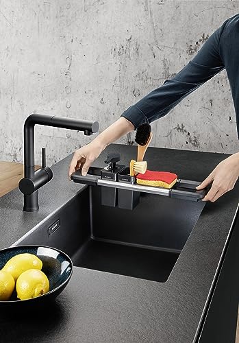 BLANCO Worktop Organizer Main Set | Ausziehbare Schiene 396-440mm für Spülen | Küchenutensilien perfekt organisiert | Seifenspender für Spülmittel, Reinigungscontainer & Abtropfschale