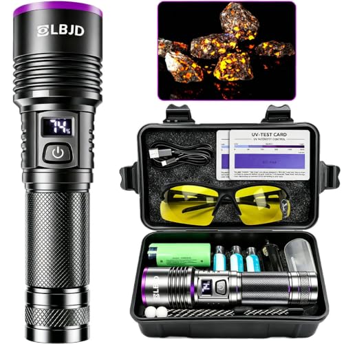 LBJD UV Flashlight 365nm Blacklight Flashlights Rechargeable with High Capacity Battery for Pet Urine Detection Oil Leak Scorpion Yooperlite Hunting Resin Curing