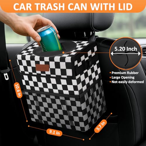 Image of Vankor Car Trash Can Bin with Lid Hanging for Back Seat, Car Accessories for Women Men Leak Proof Automotive Garbage Cans Leakproof Vehicle Trash Can for Truck SUV,Black White Checkered