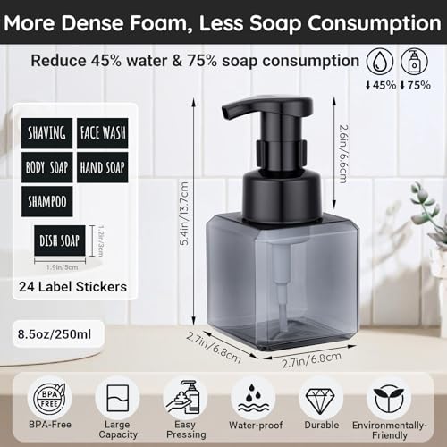 Image of Segbeauty Refillable Foaming Hand Soap Dispenser 8.5oz 8pcs, Square Foam Bottle Container with Waterproof Stickers, Plastic Foam Pump Bottle Gray 250ml, Foaming Bathroom Countertop Soap Dispensers