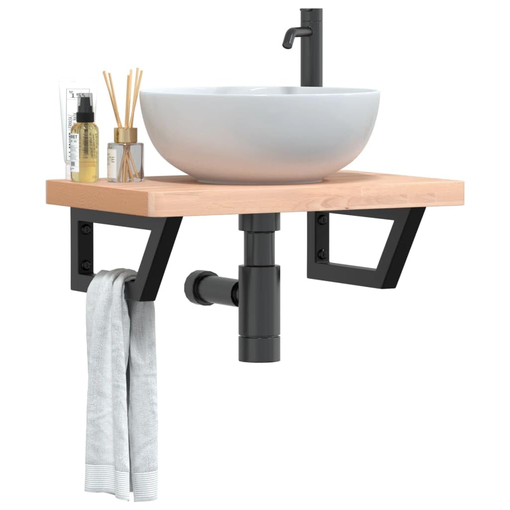 Tapa de lavabo con soporte de 60 x 40 cm, estante para lavabo de pared flotante, consola de lavabo de madera maciza de haya y estructura de acero en forma trapezoidal, placa de madera para