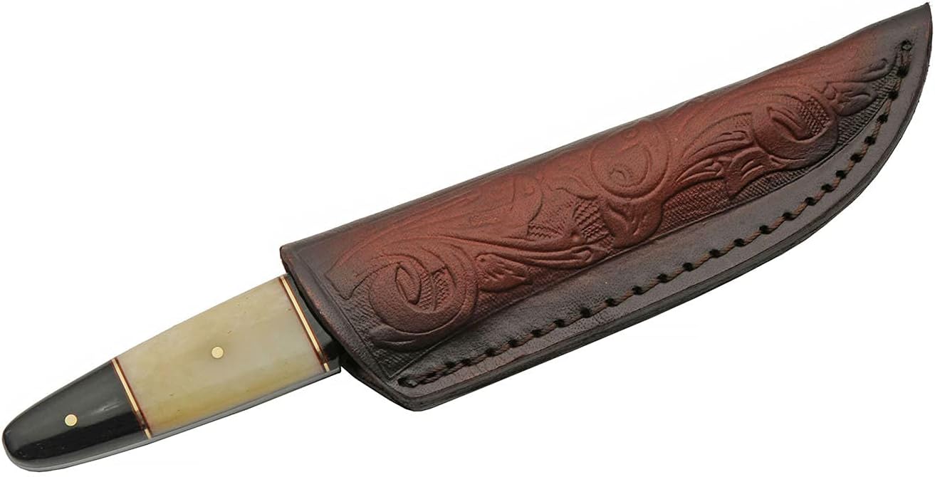 SZCO SANZ Damascus Hunting Knife 7.5 Inch - Camping Knife with Horn & Bone Handle, Full Tang Blade & Sheath for Hunting & Outdoor uses for Men