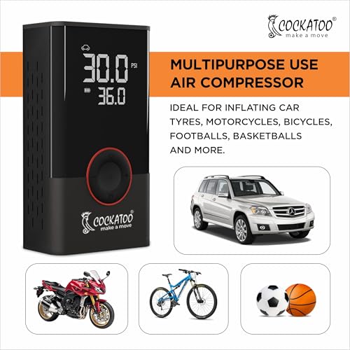 Image of Cockatoo ATJ-005 Tyre inflator Portable Air Compressor Pump with LED Display, 80W Power, 2x2000mAh Battery, Fast Inflation, Tire Pressure Monitoring, Lighting, SOS, and USB Charging