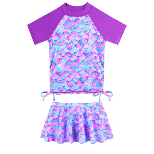 Image of BAOHULU Girls Two Piece Swimsuits Rash Guard Ruffle Bikini Skirt Short Sleeves Beach Dress Swimwear UPF 50+ 3-12Y