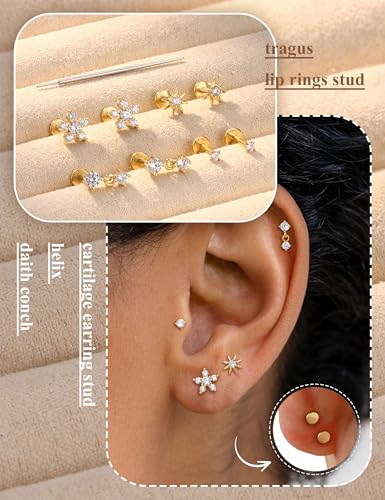 Sanfenly Threadless Flat Back Earrings Studs 316L Surgical Steel Push in Nose Studs Rings CZ Tragus Cartilage Helix Conch Labret Lip Nostril Medusa Piercing Jewelry Hypoallergenic 20G 18G 16G3