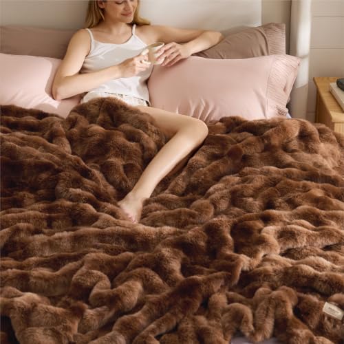 Image of Bedsure Fluffy Bubble Faux Fur Queen Blanket, 90 inchx90 inch, Tie-dye Dark Brown