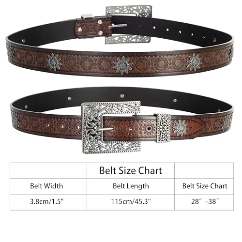 Image of Adjustable Vintage Western-Belts for Women Men Engraved Buckle-Belts Cowboy-Cowgirl-Belt (Waist for 29 inch-39 inch)