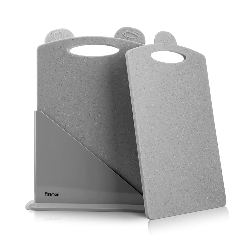 FISSMANPlastic Chopping Board , 3-Pieces Cutting Board with Stand 31cm, Gripped Backing Food Icons, Thick Cutting Board Set, Slip Resistant, Cutting Boards for Meat, Veggies, Fruits