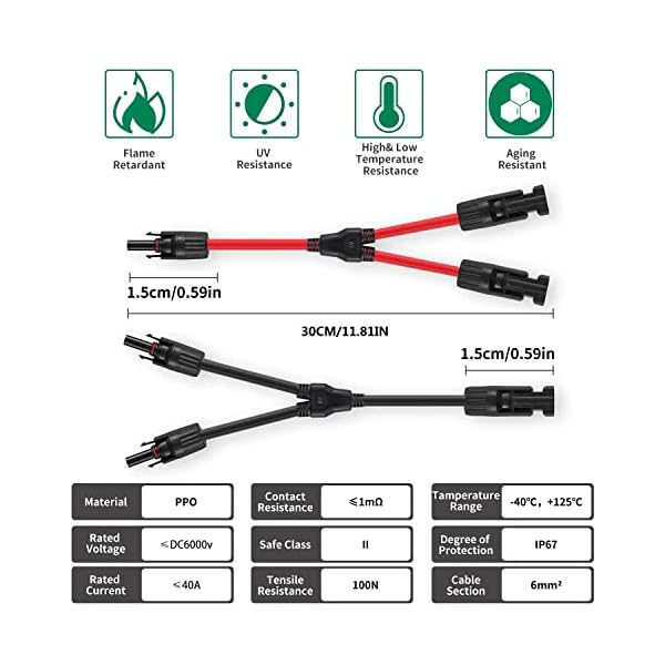 GENORTH 6 mm² Solarkabel Y-Verteiler,1 Paar Solarpanel Y Stecker 1Y2 10AWG Y Stecker Fotovoltaik Kabel Y Stecker,1Y2 Stecker Paar für Solaranlage Steckerfertig(Rot +Schwarz). – Bild 4