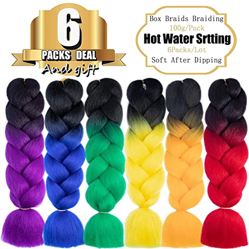 Tengshuo Fly 6 Packs 24 Inch Braiding Hair Ombre Jumbo Braiding Hair For Women Extensions 24 Inch Kanekalon Heat Resistance Synthetic Hair For Braiding (6 Packs 24", Black To Yellow/Black To Orange/Black To Green/Black To Red/Black To Purple/Black To Blue) #TOP1
