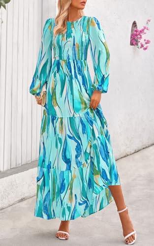 Image of PRETTYGARDEN Women's Fall Dresses 2026 Long Sleeve Flowy Casual Floral Maxi Dress Crew Neck Smocked Tiered Long Dress