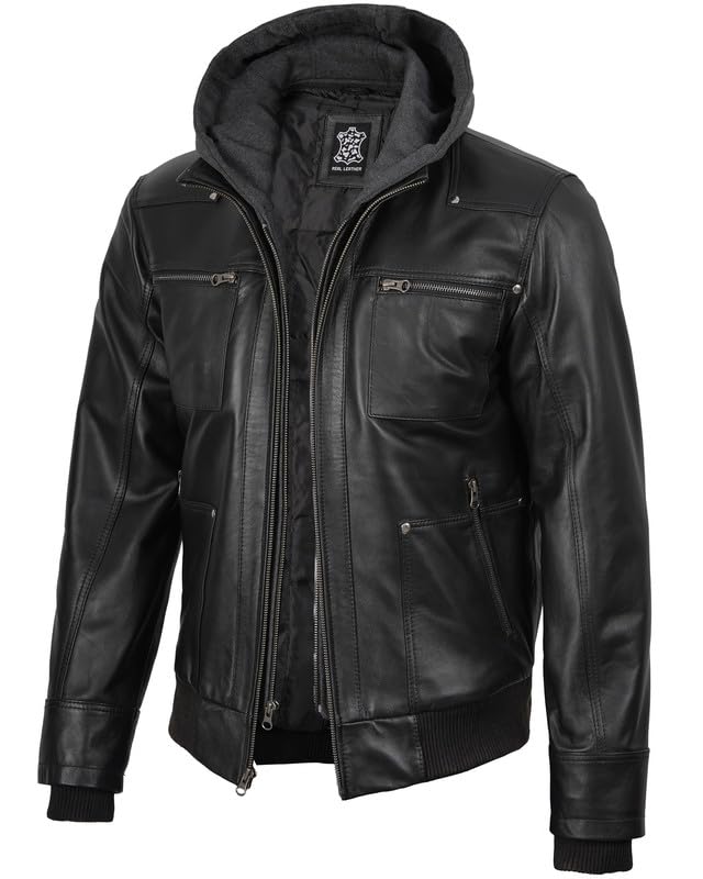 Image of Decrum Detachable Hooded Leather Jacket Men - Real Lambskin Mens Leather Jacket with Hood