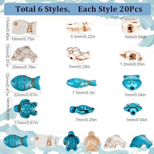SUNNYCLUE 120PCS 6 STYLES Turquoise Turtle Beads Ocean Animal Beads Summer Hawaii Sea Animals Blue White Lucky Fish Gemstone Loose Spacer Bead Bulk for jewellery Making Beading Kit Bracelet Craft - Image 2