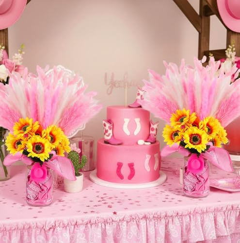 Image of Wonderjune 135 Pcs Western Cowboy Table Centerpieces Cowgirl Rodeo Party Decor with Mason Jar Bandannas Mini Hat Sunflowers Pampas for Cowboy Cowgirl Baby Shower Birthday Wedding Party Decor(Pink)