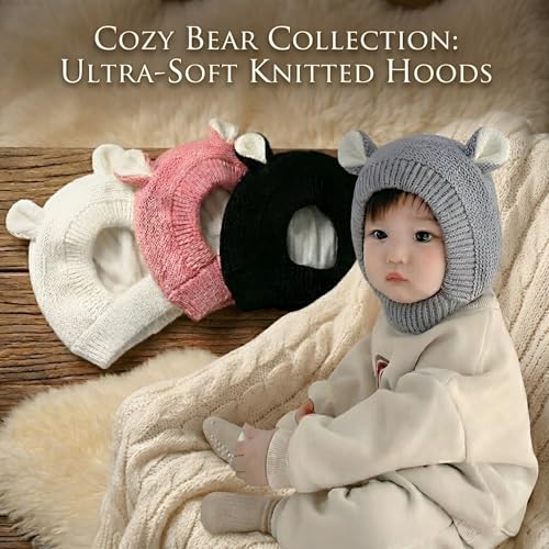 Image of Kraptick Winter Warm Ear Protection Knitted Woolen Unisex Baby Cap with Cute Animal Ears, Soft Fleece Lined Knit Hat with Ear Flaps, Stretchable Monkey Cap for Cold Weather -1
