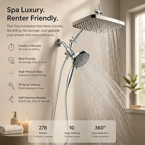 Image of High Pressure Shower Head with Handheld, Upgrade Rain Shower Heads with Fixed Showerhead Combo, 10 Sprays Handheld Shower Head Built in Power Jets, 71 inch Long Hose, Chrome Silver
