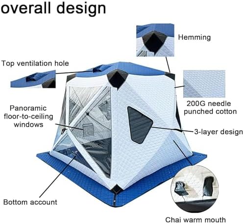 Pop Up Ice Fishing Shelter, Thermal Insulated Hub Tent for 3-4 People, Windproof 210D Fabric, Portable with Anchors & Carry Bag, Green, 240x240x190cm