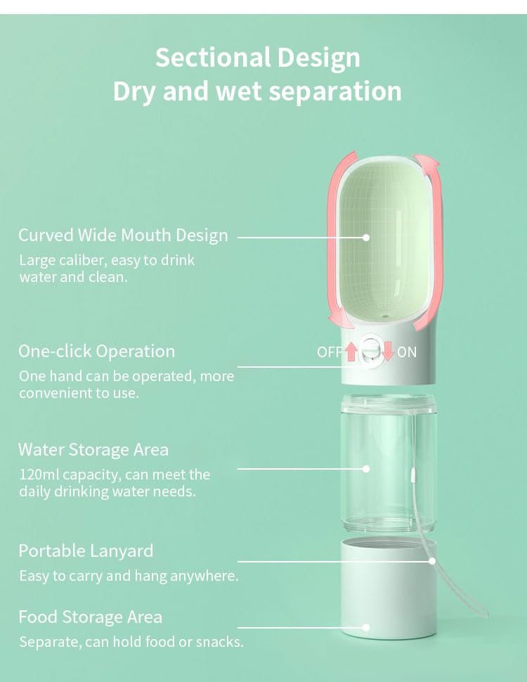 Portable Dog Water Bottle & Food Container, 6.8oz Water Dispenser & 3oz Feeder, Leak-Proof with a Silicone Seal, Adjustable Flow Rate, Compact and Sleek Design for Travel and Daily Walks. Portable Dog Water Bottle & Food Container, 6.8oz Water Dispenser & 3oz Feeder, Leak-Proof with a Silicone Seal, Adjustable Flow Rate, Compact and Sleek Design for Travel and Daily Walks.