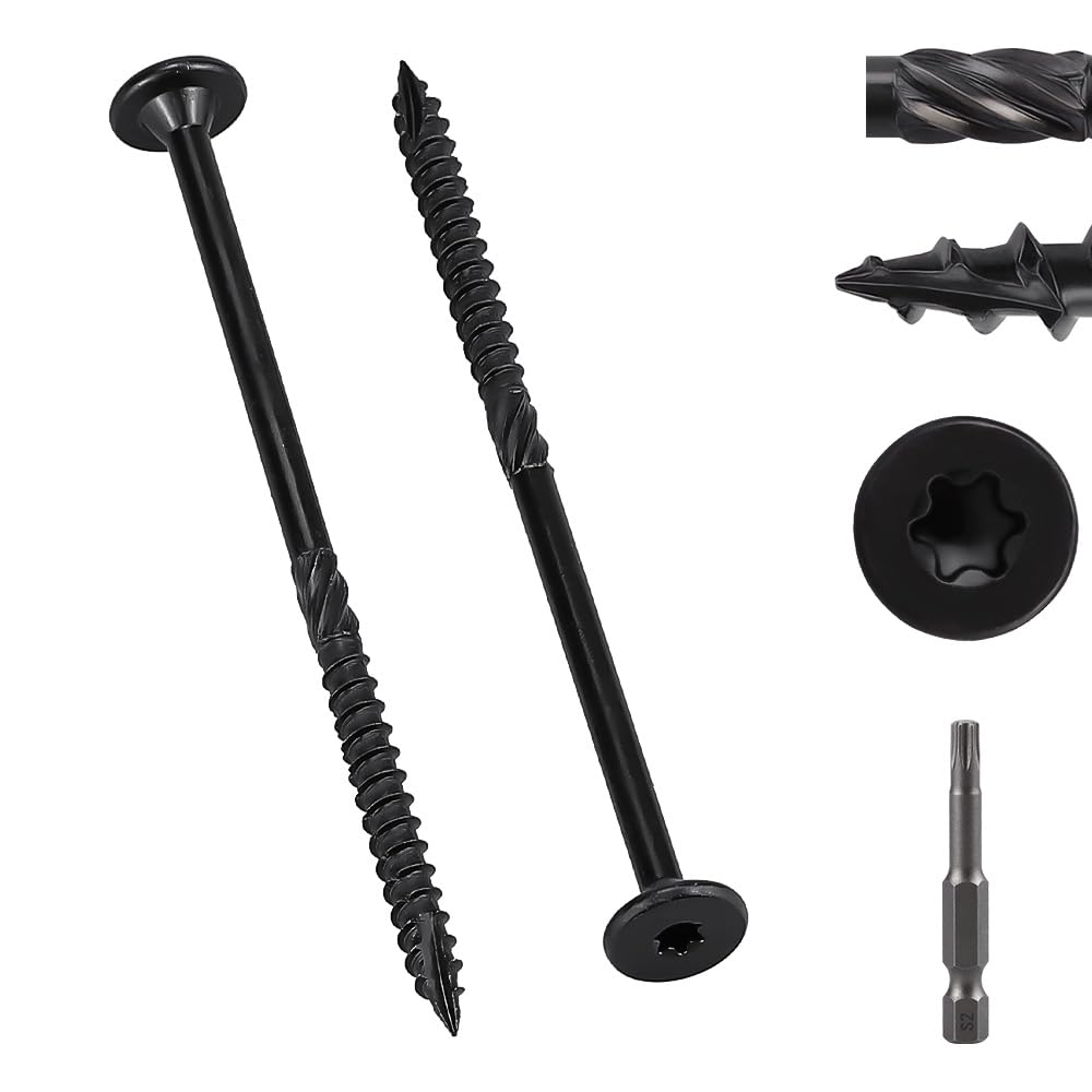 View 1 of 20 Pack 1/4 x 6 inch Heavy-Duty Structural Wood Screws, Star Drive, Rust Resistant Screws for Deck, Timber, Log, Landscaping, Black Epoxy Coated, Sharp Self Tapping Point, T30 Bit Included