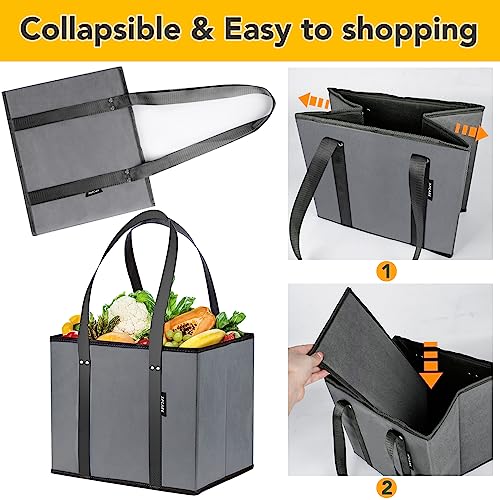 XPCARE 6 Pack Reusable Grocery Bags - Heavy Duty Reusable Shopping Bags with Box Shape to Stand Up, Stay Open, Fold Flat - Foldable Grocery Tote Bag with Long Handles & Reinforced Bottom Grey