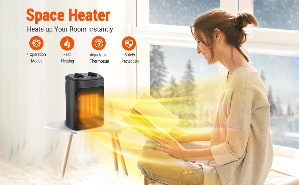Portable 1500W Space Heater with Thermostat, Fast Heating Ceramic Room Small Heater for Bedroom, Office, Indoor Use
