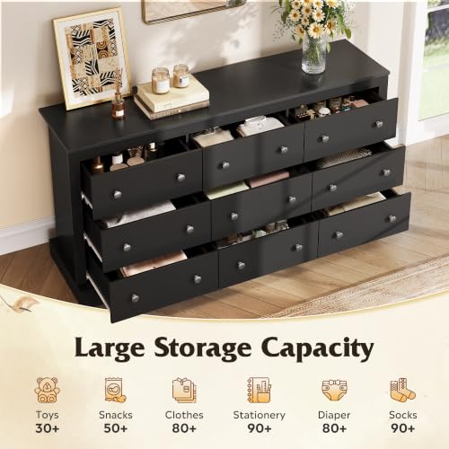 WLIVE 63" Dresser for Bedroom, Modern 9 Drawer Dresser with Exclusive Anti-Tip Structure, Large Wooden Chest of Drawers with Metal Handles for Living Room, Hallway, Closet, Home Furniture, Black