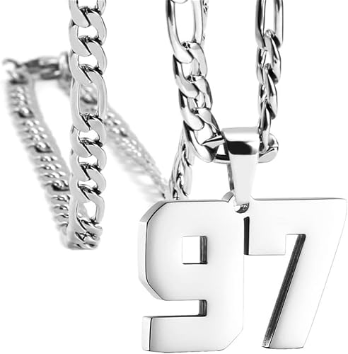 LULUMONIA 97 Chain 97 Necklace Chains for Man Stainless Steel Basketball Soccer Baseball Team Number Pendant Chunky Chain Sport Necklace sliver