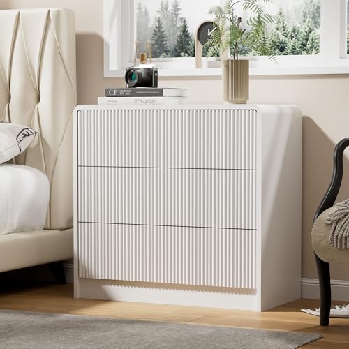 Image of Furniway White Nightstand with 3 Drawers, 32 inch Modern Bedside Table with Storage, Large Night Stand for Bedroom