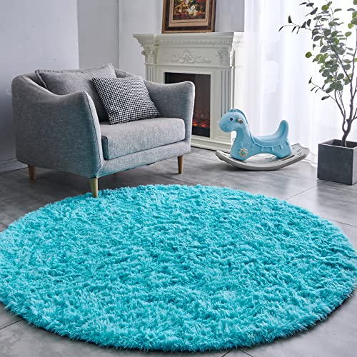 FJZFING Alfombra redonda azul ultrasuave de felpa moderna de 6 x 6 pies para dormitorio de niños, alfombra circular esponjosa para habitación de bebé, antideslizante, decoración del hogar, bonita