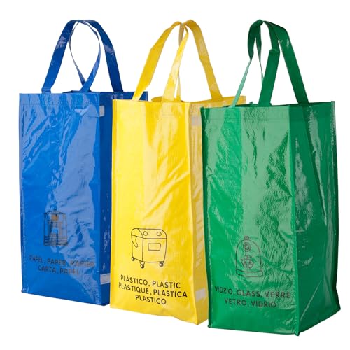 Set of 3 Reusable Recycling Bags Waste Separation Glass Residues Recyclable Paper Laminated and with hook-and-loop fastener Pocket Size 23 x 45 x 23 cm