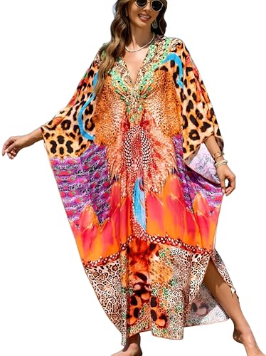 Image of IMAGEKOPE Women's Plus Size Animal Print V-Neck Batwing Kaftan Beach Dress Bathing Suit Cover-Up Loungewear
