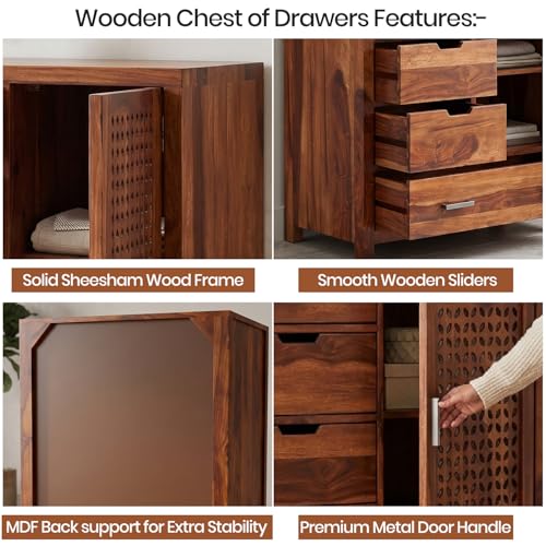 Image of Amazon Brand - Solimo Solid Sheesham Wood Truva Sideboard Cabinet with 5 Drawers & 1-Door Storage | Storage Cabinet for Living Room, Kitchen & Bedroom Organizer Chest of Drawers (Honey Finish)