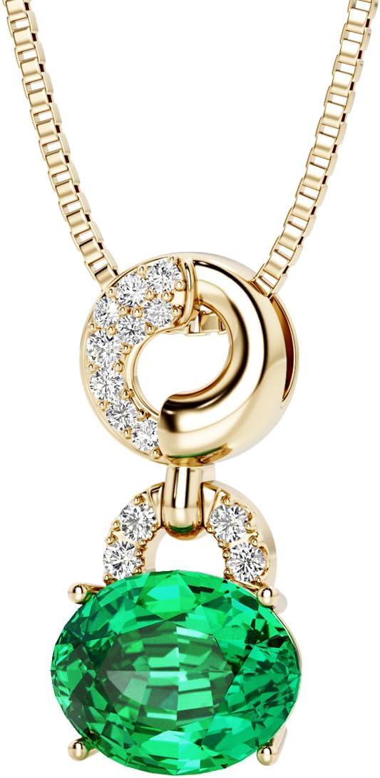 PEORA 14K Yellow Gold Created Colombian Emerald and Lab Grown Diamond East West Pendant, 2.60 Carats Total Oval Shape, Green Emerald Jewelry, May Birthstone, For Jewelry Gift & Everyday Wear