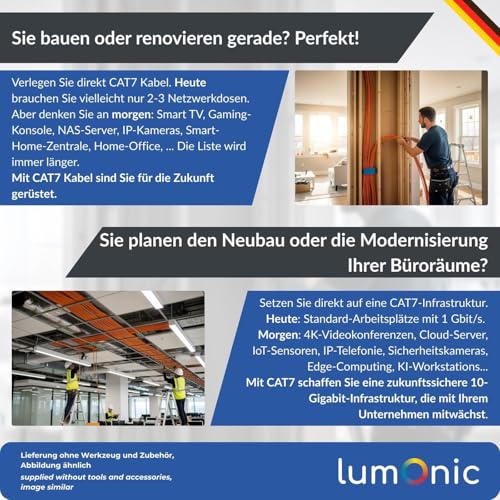 Lumonic CAT7 Netzwerkkabel S/FTP 30m | Verlegekabel AWG 23 | 100% Kupfer OFC | 10 Gbit/s | halogenfrei | 600 MHz | LAN Kabel, Ethernet Kabel