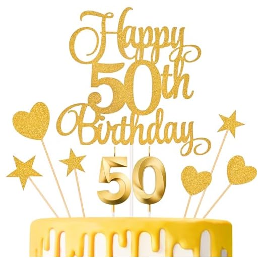 Lecferrarc 50th Birthday Cake Decorations, 50th Birthday Candles Cake Numeral Candles and Glitter Happy 50th Birthday Cake Toppers Set for Birthday Party Supplies (Gold)